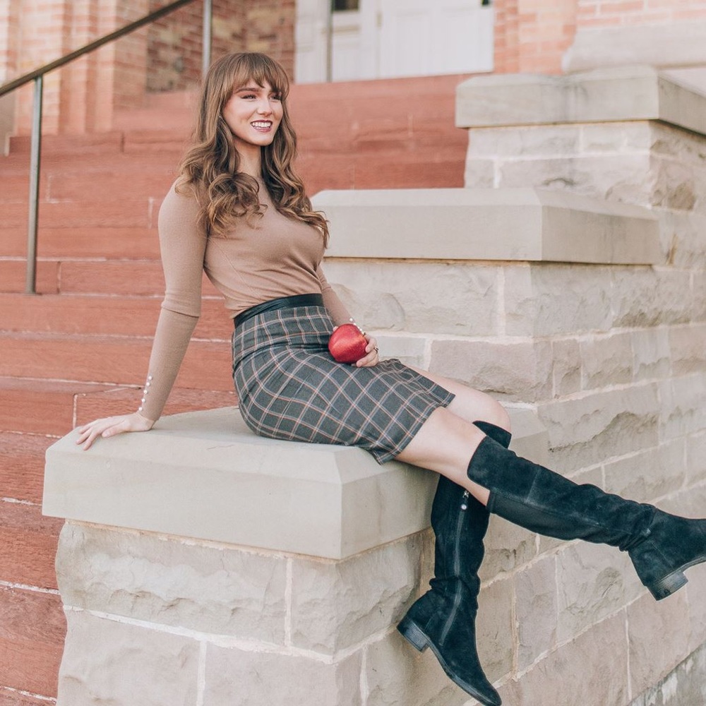 Brown and gray plaid knee length pencil skirt